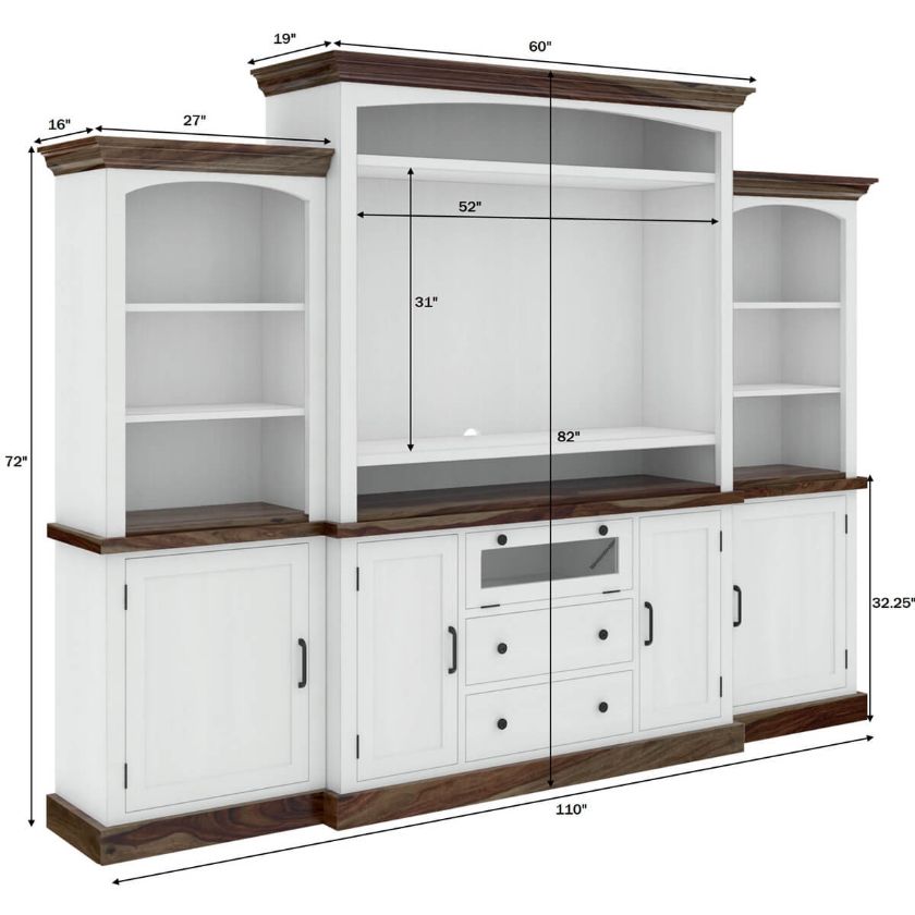 Morven Two Tone Solid Wood Entertainment Center with Bookshelves Dimension Image