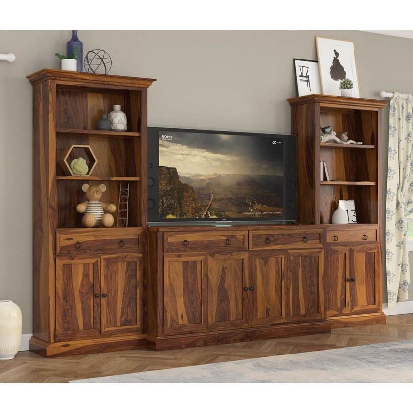 Picture of Lilesville Rustic Solid Wood TV Entertainment Center with Bookshelves