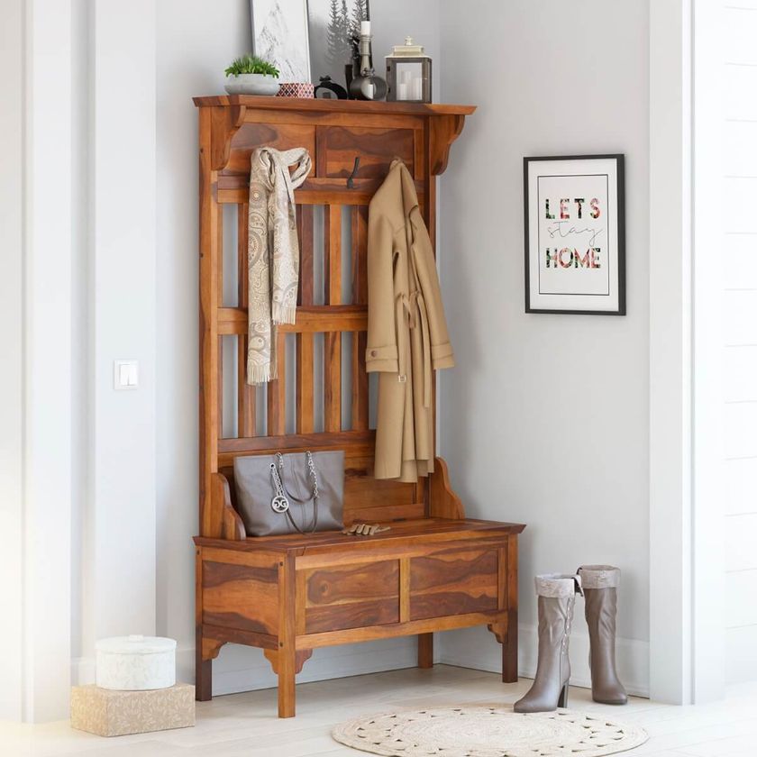 Picture of Dedham Handcrafted Rustic Solid Wood Entryway Hall Tree With Storage