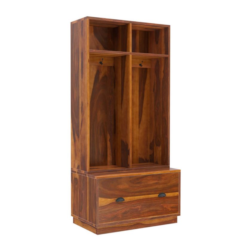 Barlow Rustic Solid Wood Hall Tree with Bench & Storage Dimension Image