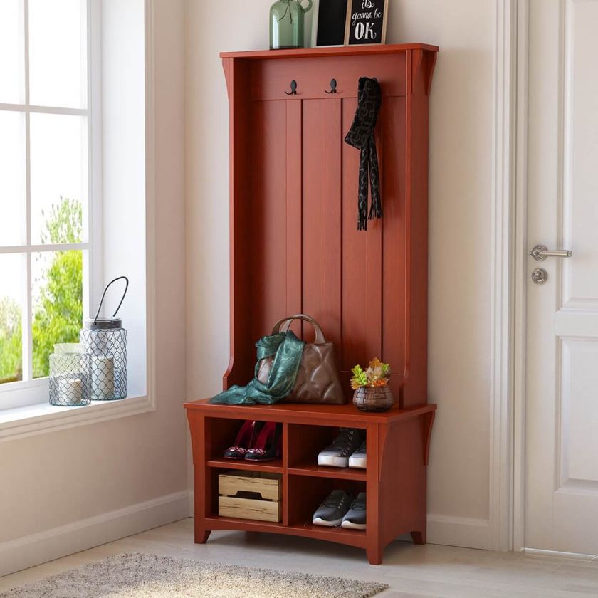 Picture of Wickliffe Mahogany Wood Entryway Hall Tree with Shoe Storage