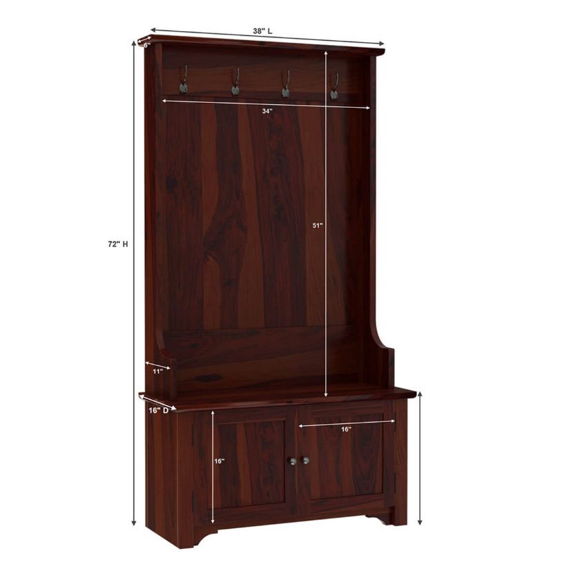 Ravenna 38 inch Rustic Solid Wood Entryway Hall Tree with Bench & Shoe Storage Dimension Image