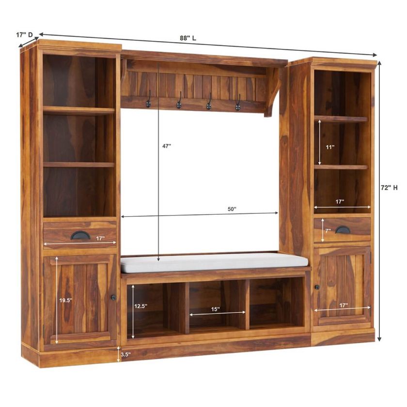 Peletier 88 inch Rustic Solid Wood 4 Piece Entryway Hall Tree Set with Storage Space Dimension Image