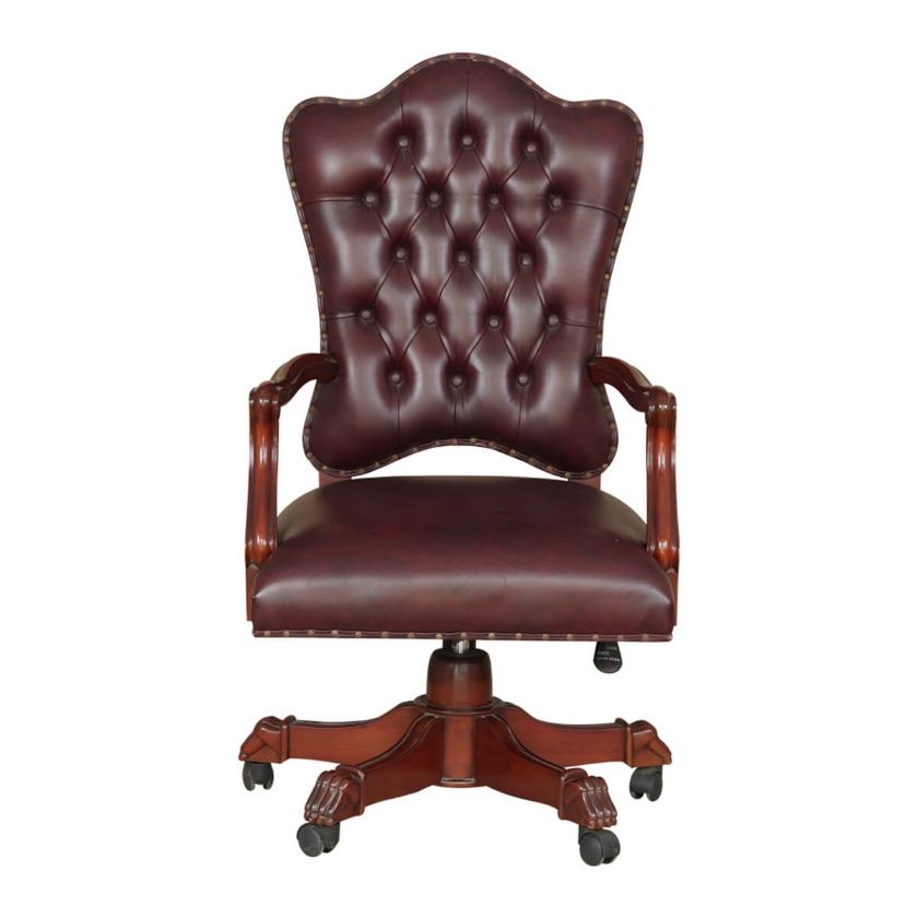 Vonda Mahogany Wood Leather Tufted Rolling Executive Office Chair Dimension Image