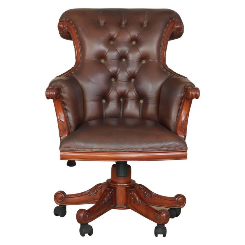 Flatiron Mahogany Wood Leather Tufted Rolling Executive Office Chair Dimension Image