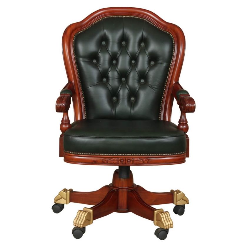 Sevan Mahogany Wood Leather Tufted Rolling Executive Office Chair Dimension Image