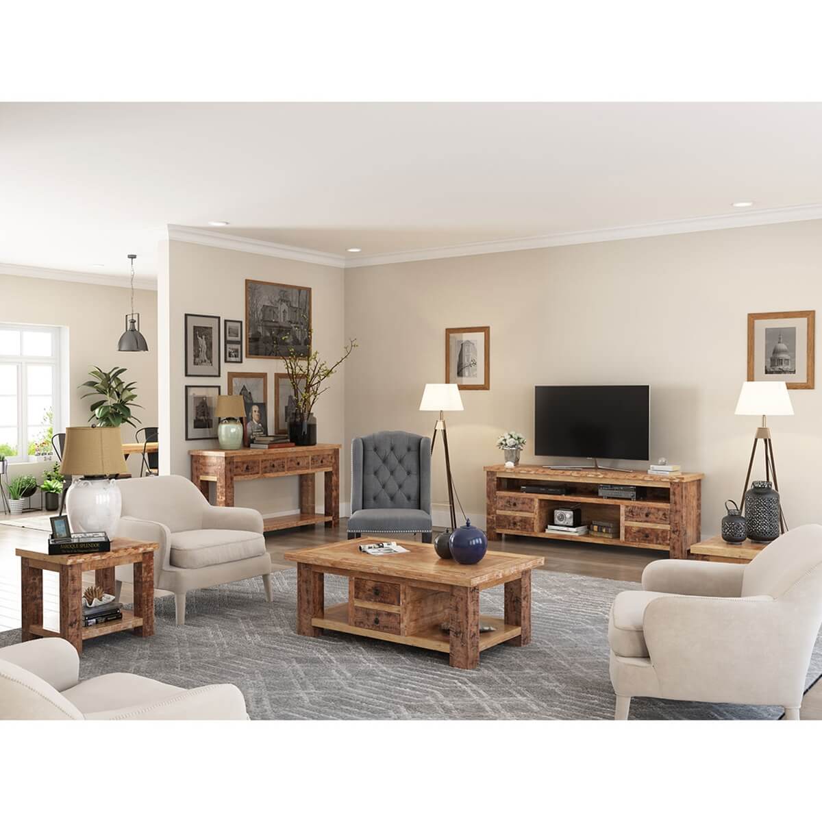 Britain Handcrafted Rustic Teak Wood 5 Piece Living Room Set