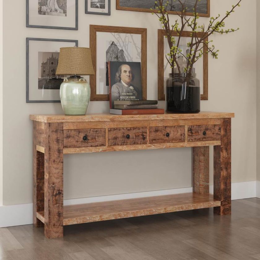 Picture of Britain Two Tier Rustic Teak Wood Console Hall Table With 4 Drawers