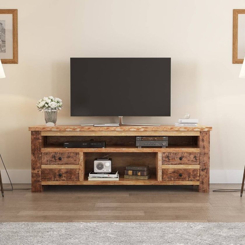Picture of Britain Handcrafted Rustic Teak Wood 4 Drawer TV Media Console
