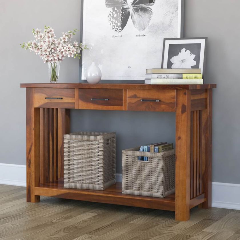 Picture of Jeddito Mission Rustic Solid Wood Console Hall Table With 3 Drawers