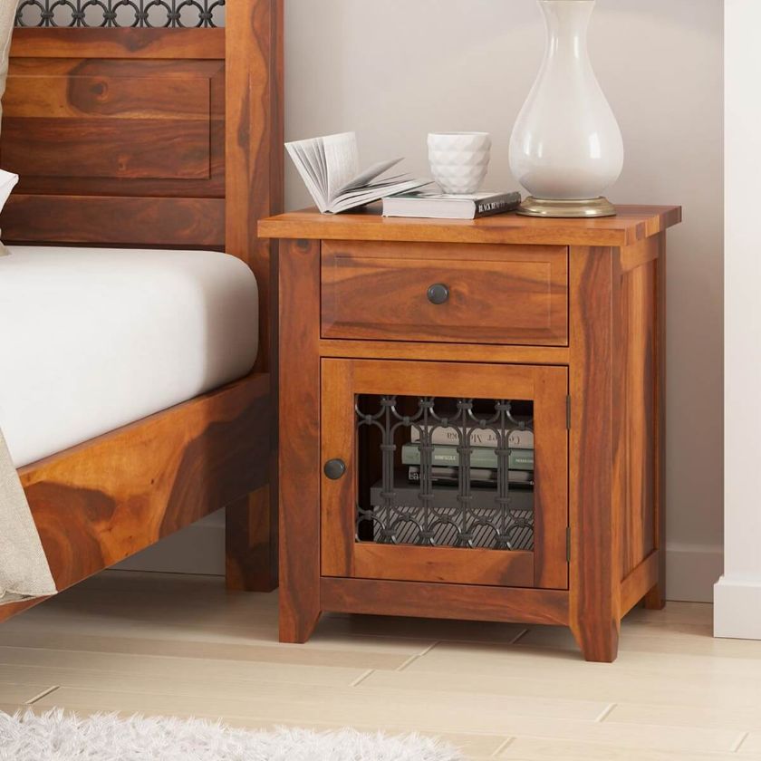 Picture of San Francisco Rustic Solid Wood Iron Grill 1 Drawer Nightstand