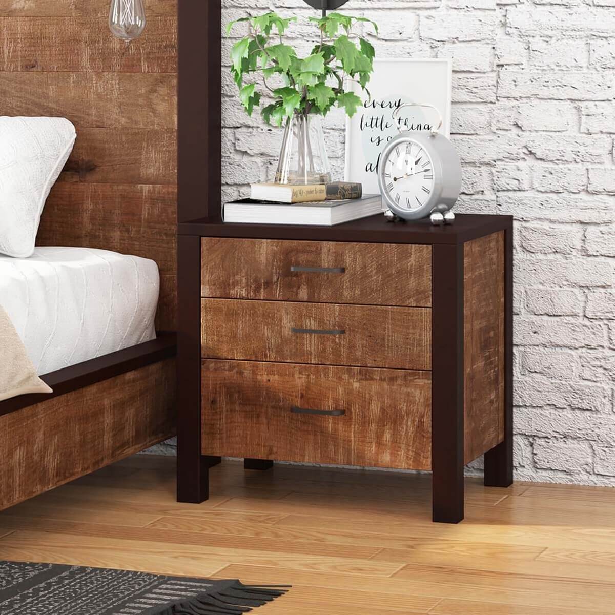 New Orleans Rustic Solid Mango Wood 3 Drawer Nightstand.
