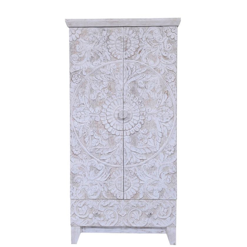 Picture of Blaria Handcarved Solid Wood Whitewash Armoire with Drawers