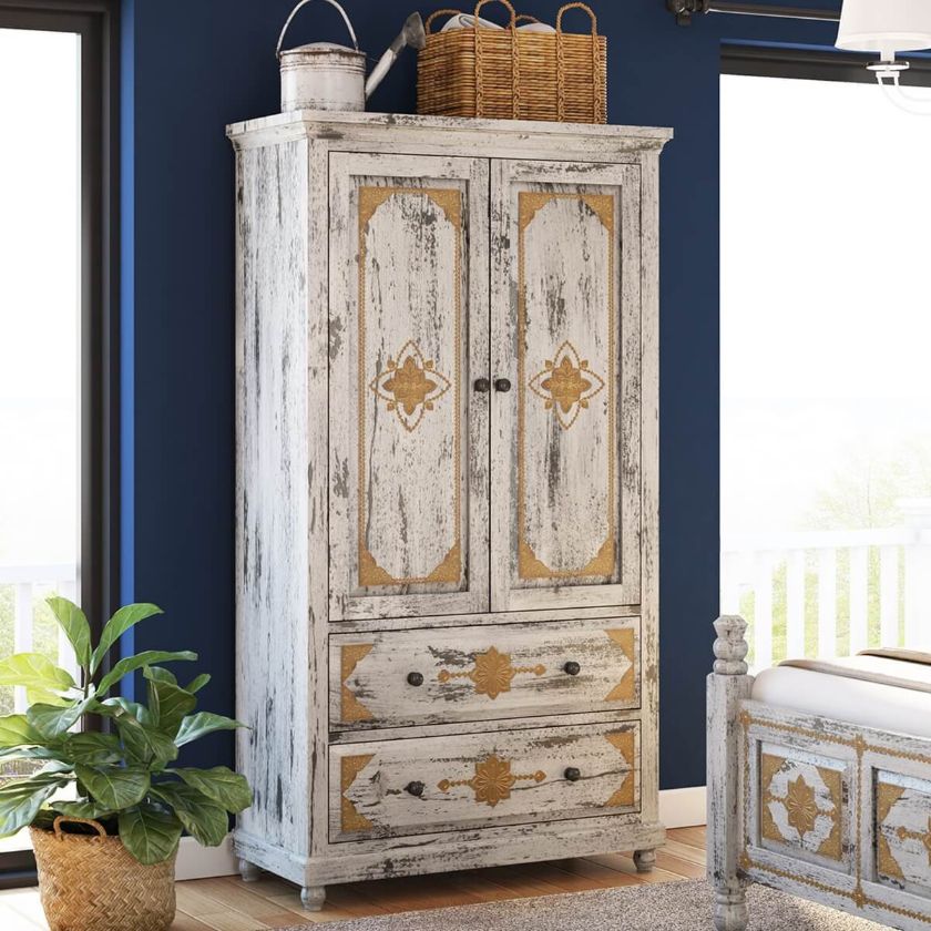 Picture of Tudor Brass Inlay Distressed Solid Mango Wood White Clothing Armoire
