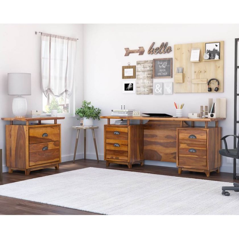 Picture of Hondah Rustic Solid Wood Desk with File Cabinet Set
