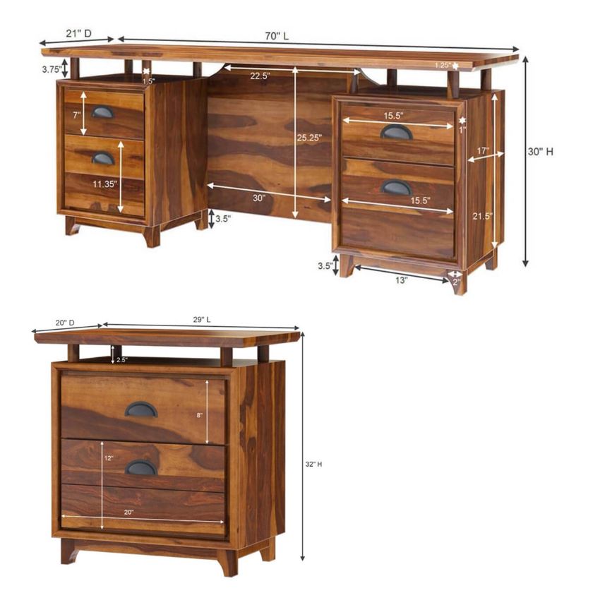 Hondah Rustic Solid Wood Desk with File Cabinet Set Dimension Image