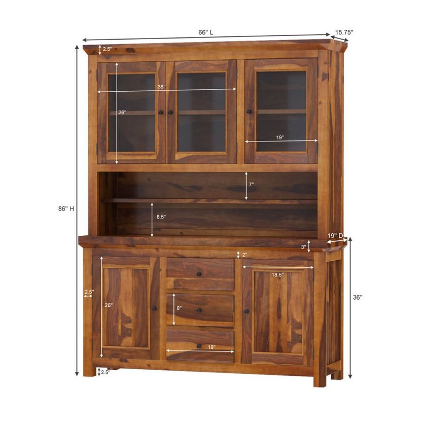 Naperville Rustic Solid Wood Glass Door Dining Room Kitchen Hutch Dimension Image