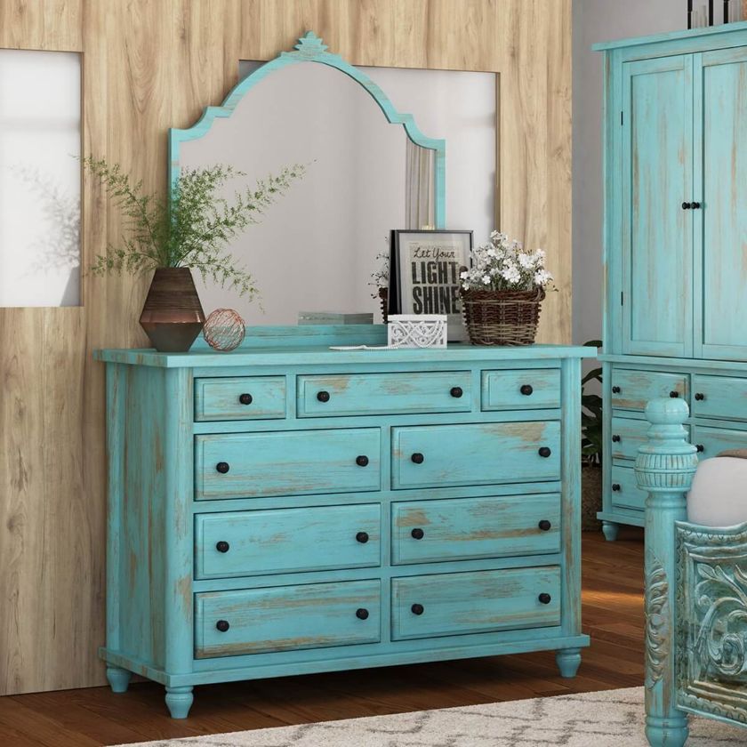 Picture of Victorian Solid Wood Turquoise Bedroom Farmhouse Dresser With 9 Drawers