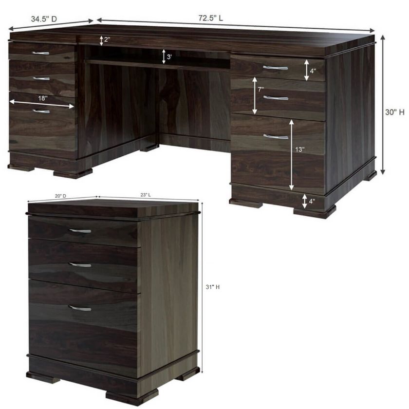 Blanford Modern Solid Wood Office Executive Desk with File Cabinet Dimension Image