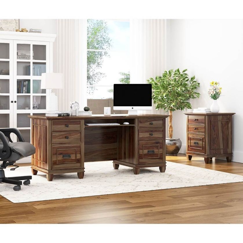Picture of Klagetoh Rustic Solid Wood 4 Drawer Desk with File Cabinet