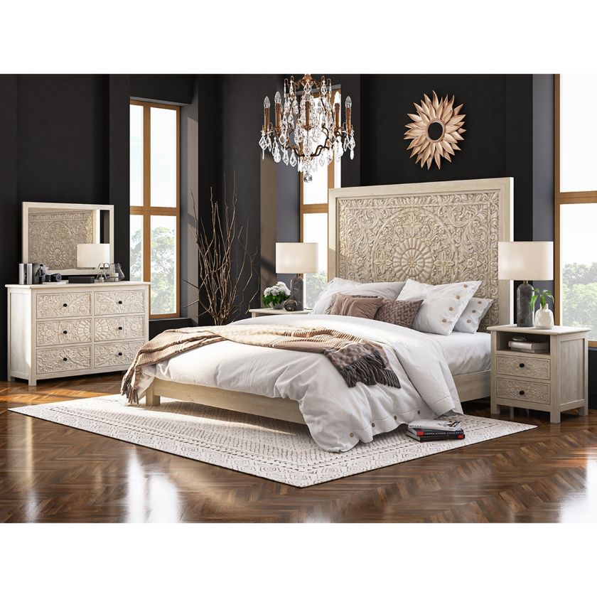 Picture of Calistoga Weathered White Solid Wood Moroccan 4 Piece Bedroom Set