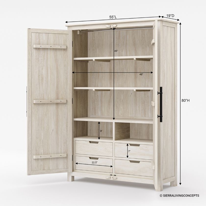 Calistoga Handcarved Weathered Solid Wood Large White Wardrobe Armoire Dimension Image