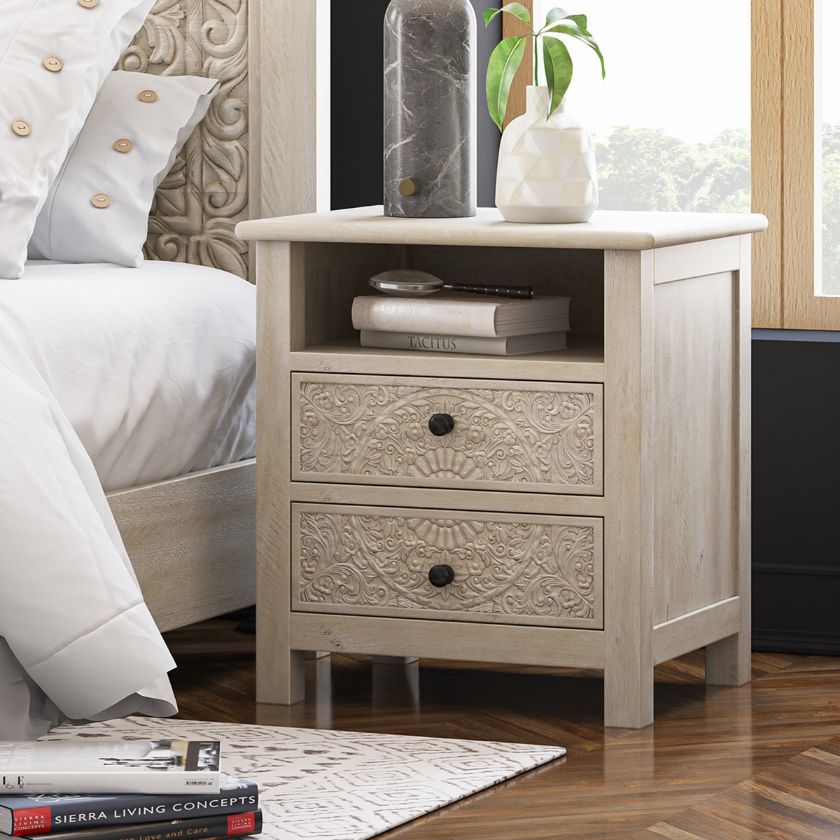 Picture of Calistoga Weathered Handcarved Solid Wood White Nightstand With Drawer