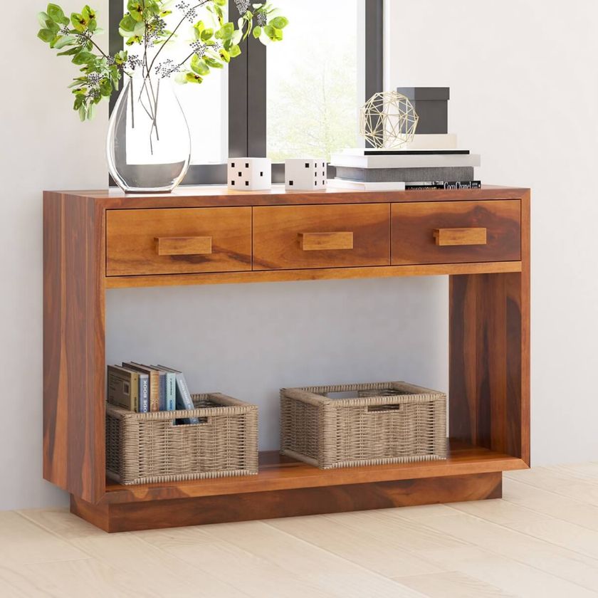 Picture of Brocton Rustic Solid Wood 2 Tier Modern Console Table With Drawers