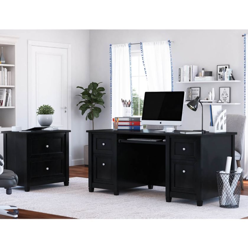 Picture of Aulander Solid Wood Black Desk with File Cabinet Set