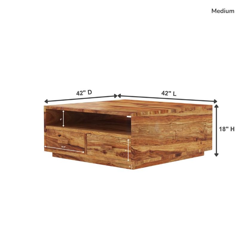Delaware Rustic Solid Wood Square Coffee Table with 4 Drawers Size Image