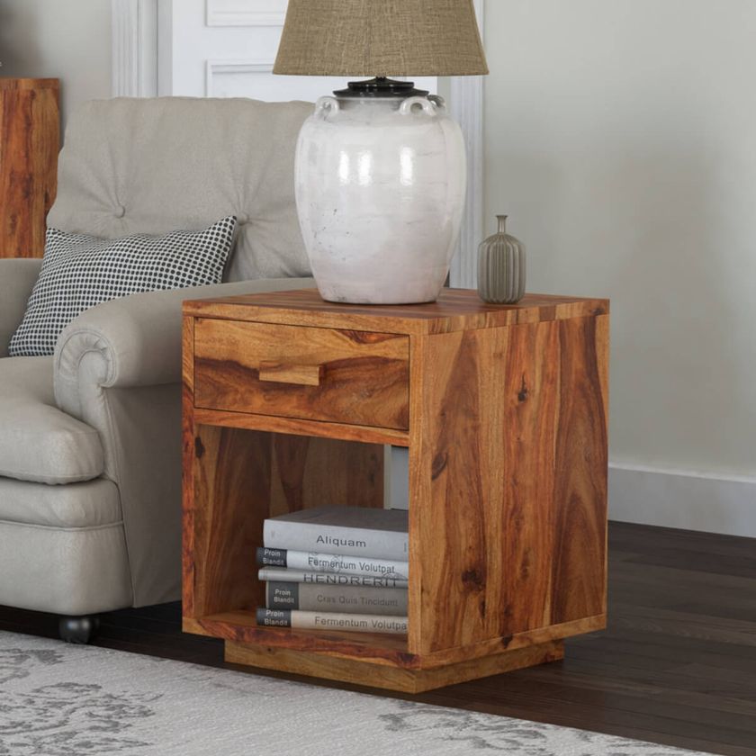 Picture of Delaware Rustic Solid Wood End Table With Drawer And Open Shelf