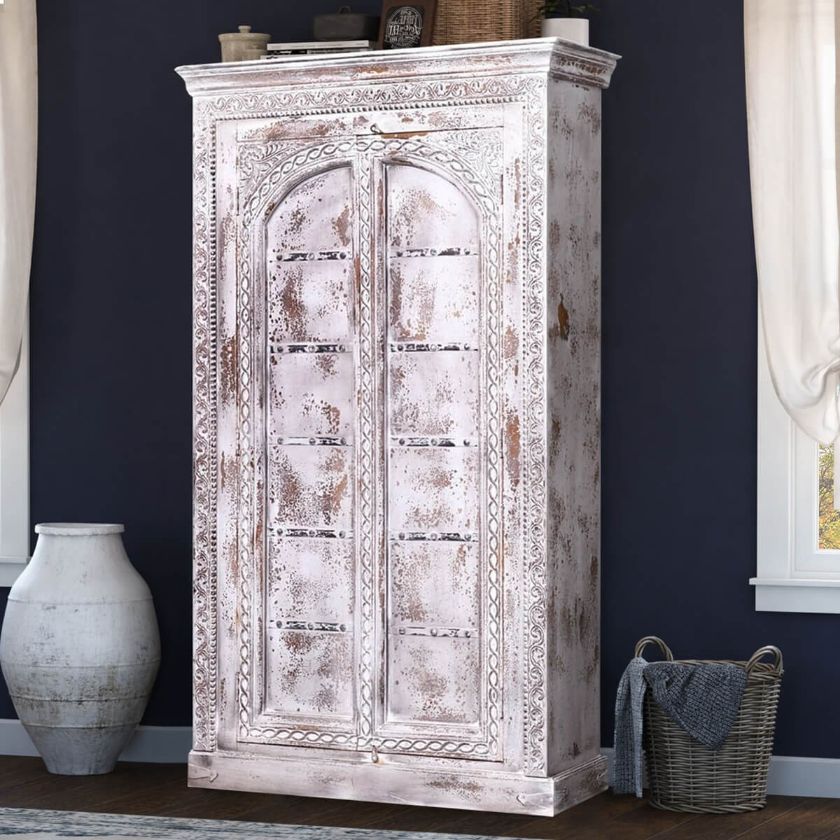 Picture of Satartia Hand Carved Solid Wood Distressed White Armoire With Shelves