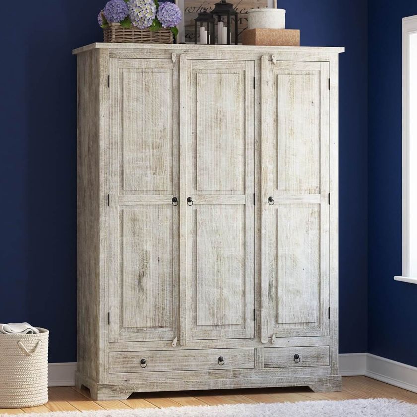 Picture of Ojai Distressed Whitewashed Solid Wood Tall Armoire Wardrobe
