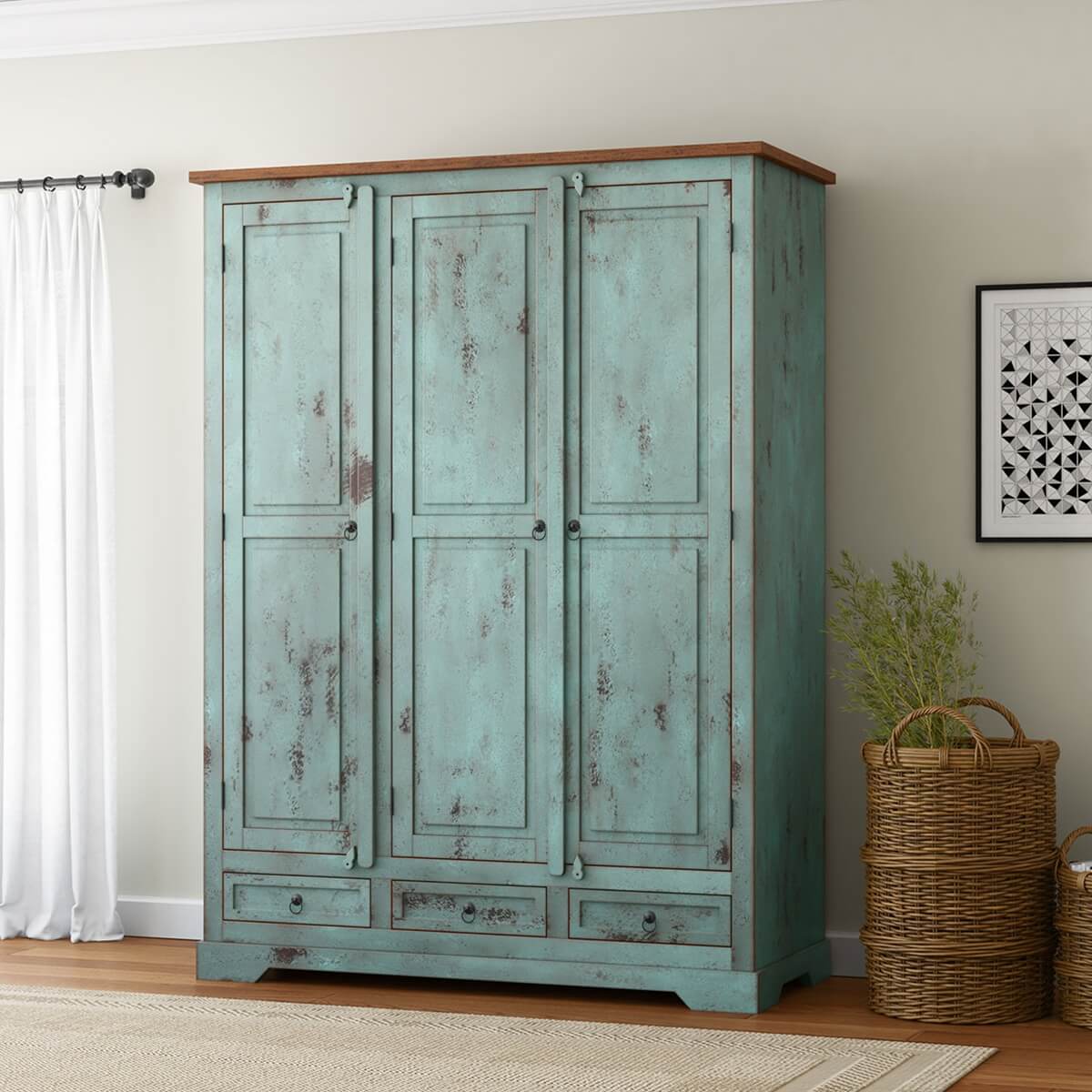 Scranton Solid Wood Rustic Armoire with Hanging Rod & Drawers.