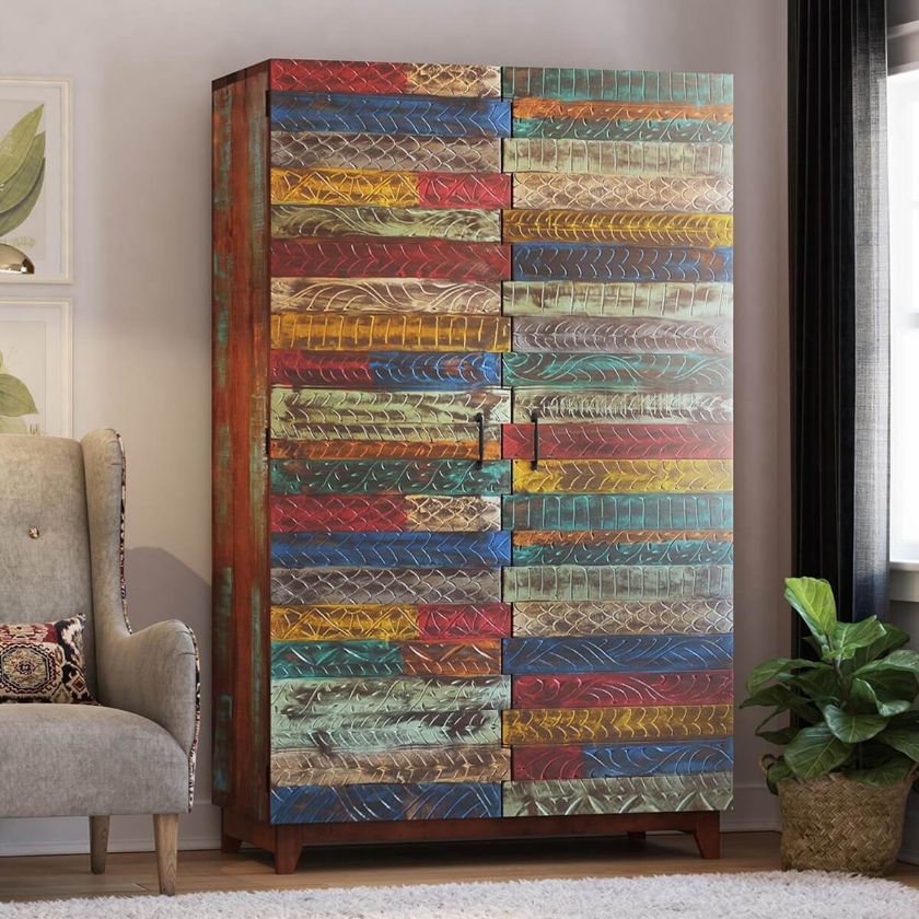Picture of Rainbow Reclaimed Wood Tiles 48 Inch Large Armoire with 4 Drawers