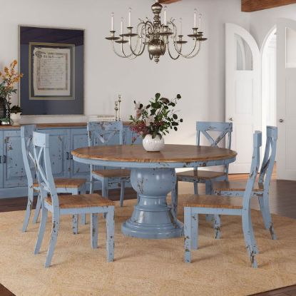 Picture of Nauvoo Farmhouse Solid Wood Pedestal Round Blue Dining Room Table Set