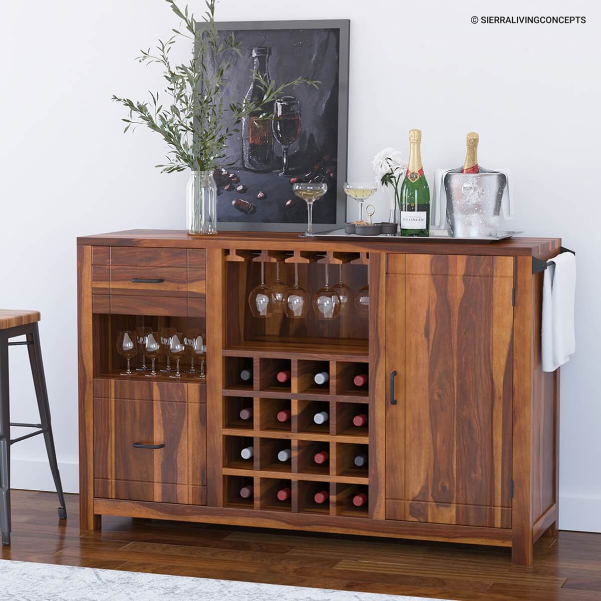 Mancos Rustic Solid Wood Modern Bar Cabinet With Slide Out Drawer