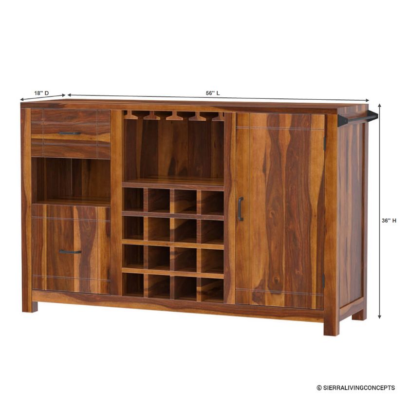 Mancos Rustic Solid Wood Modern Bar Cabinet with Slide-out Drawer Dimension Image