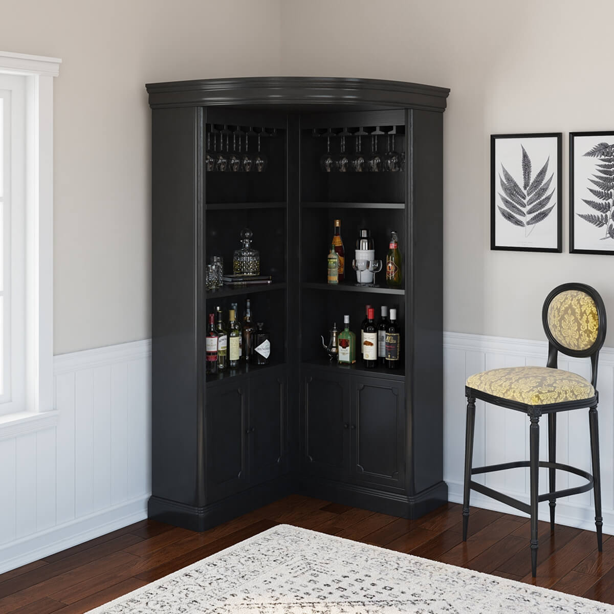 Ashon Black Solid Wood Tall Corner Home Bar Cabinet