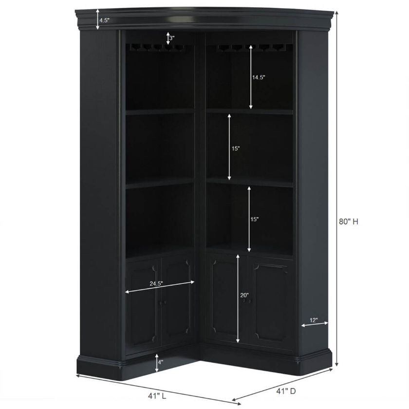 Ashon Rustic Solid Wood Tall Black Corner Bar Cabinet Dimension Image