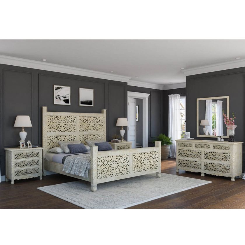 Picture of Pennsylvania Solid Wood Moroccan Style Hand Carved 4 Piece Bedroom Set