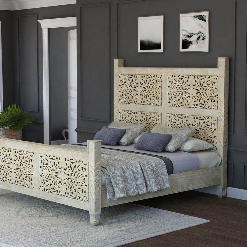 Picture of Pennsylvania Solid Wood Moroccan Style Floral Hand Carved Platform Bed