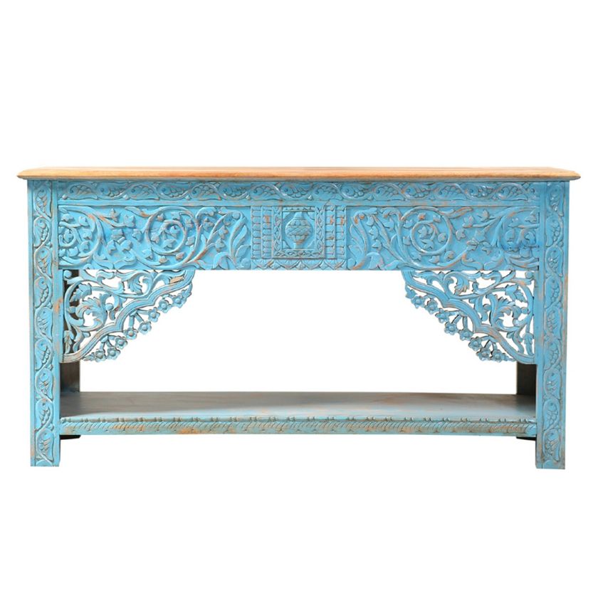 Picture of Distressed Solid Wood 2 Tone Traditional Hand Carved Blue Console