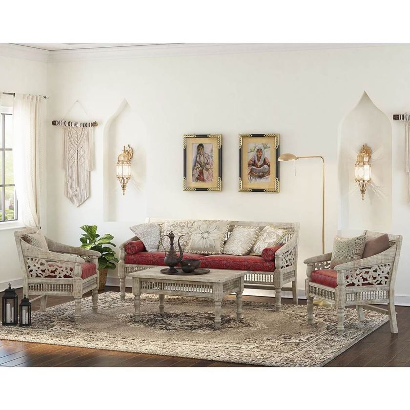 Picture of Pennsylvania Solid Wood Handcarved Moroccan 4 Piece Living Sofa Set
