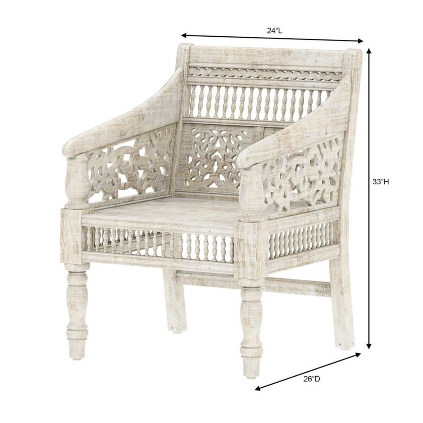 Pennsylvania Solid Wood Hand Carved Moroccan White Sofa Chair Dimension Image