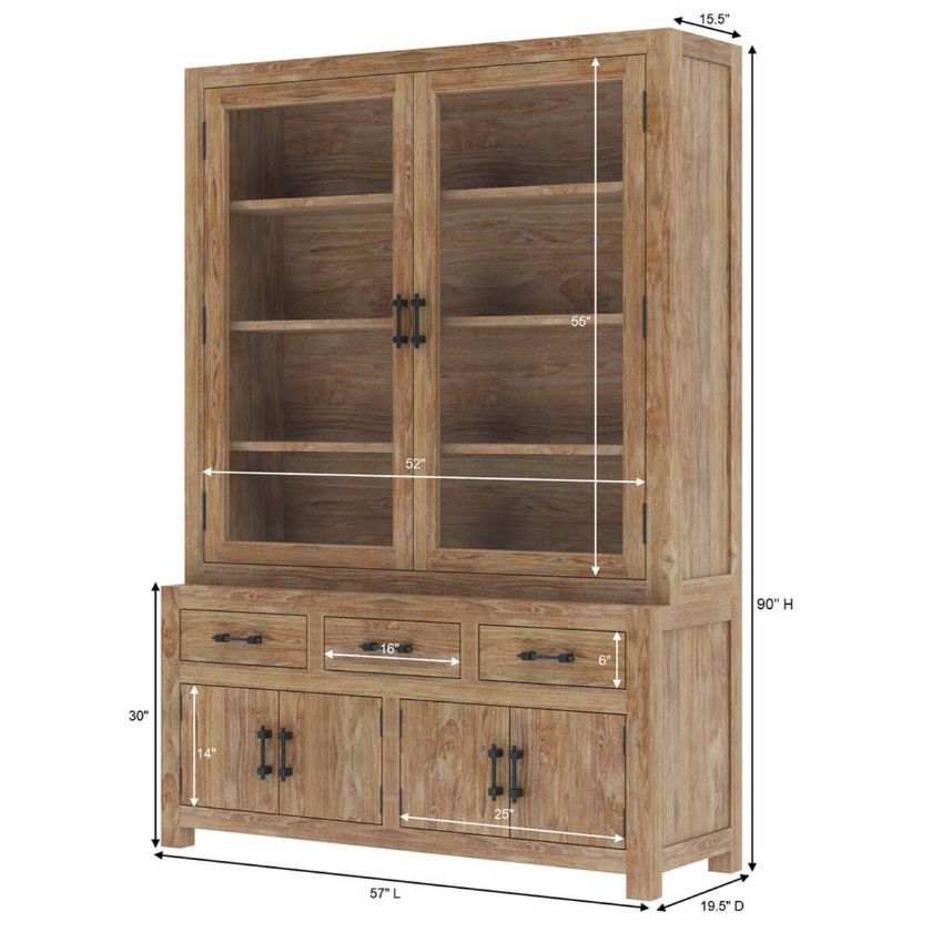 Cayrdor Teak Wood Glass Door Dining Room Hutch Cabinet Dimension Image
