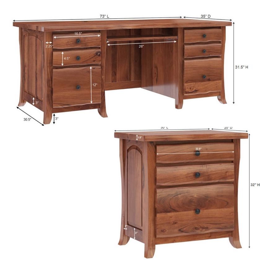 Congleton Live Edge Solid Wood Home Office Executive Desk with File Cabinet Dimension Image