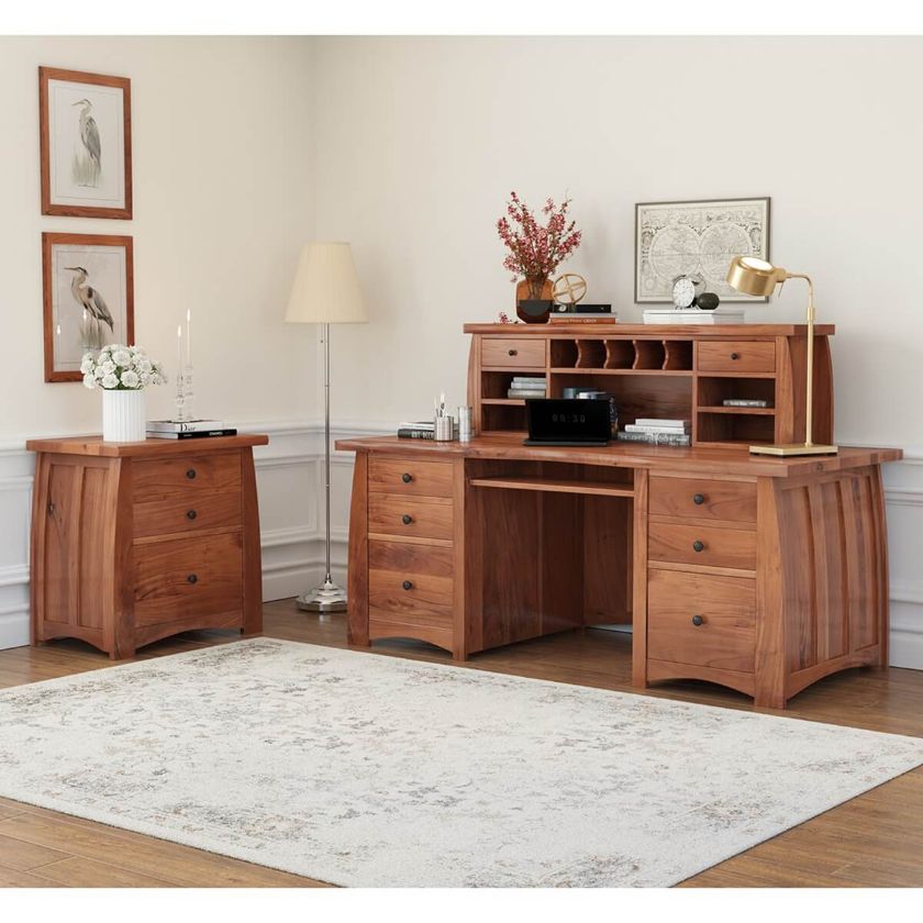 Picture of Helston Live Edge Top Solid Wood Executive Hutch Desk with File Cabinet