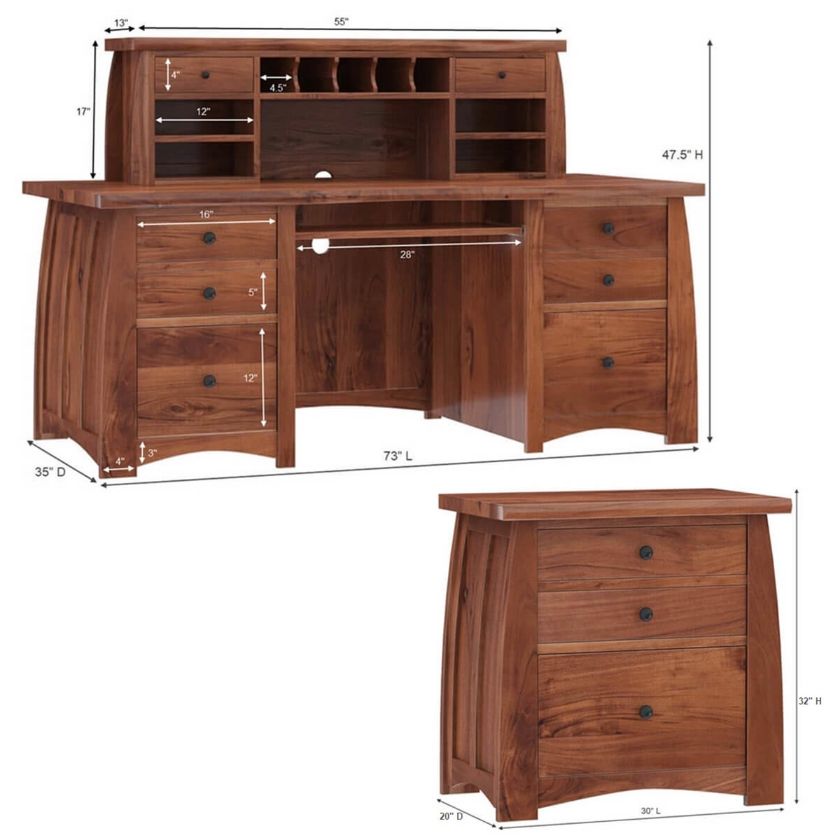 Helston Live Edge Top Solid Wood Executive Hutch Desk with File Cabinet Dimension Image