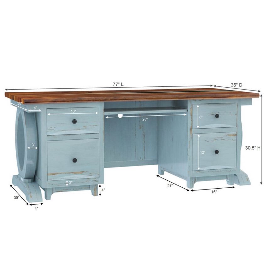 Eden Blue Solid Wood Home Office Executive Desk Size Image